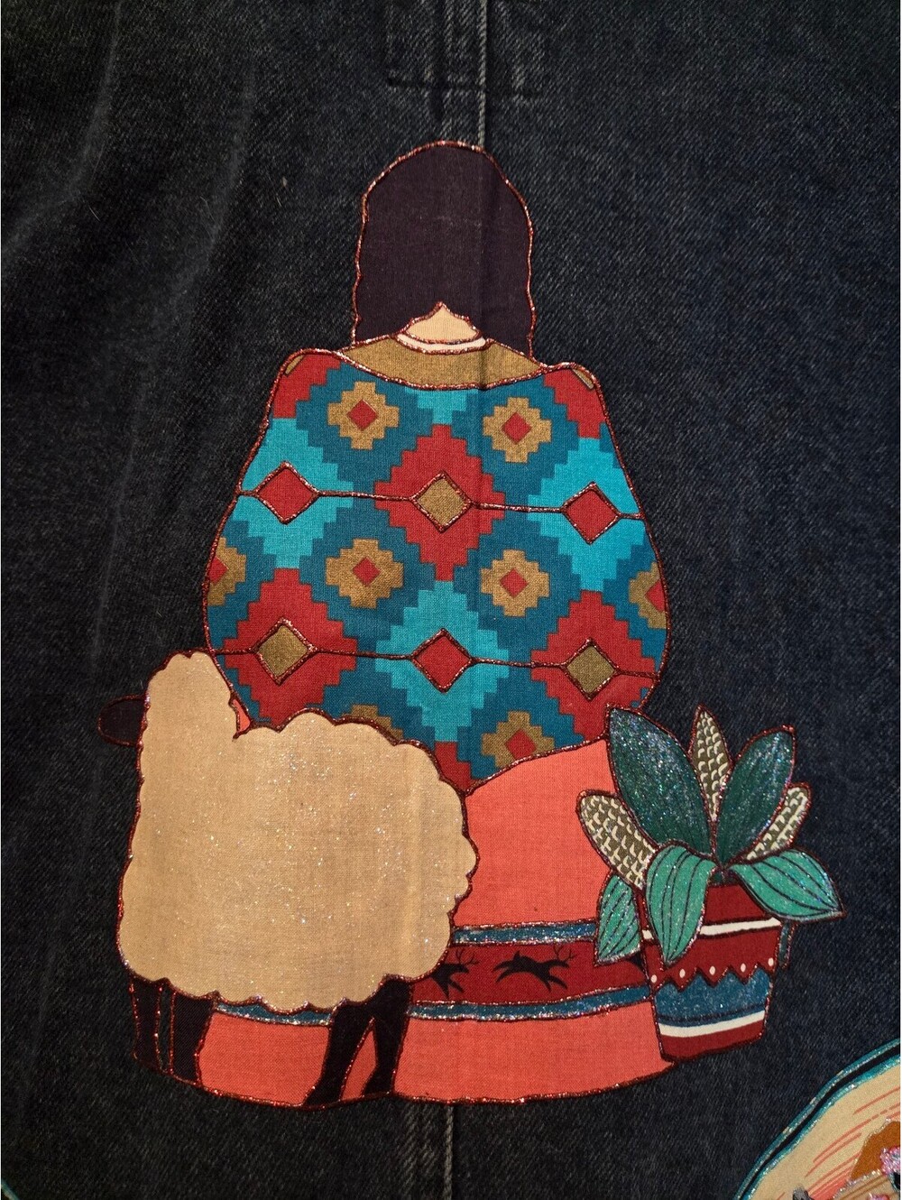Sunbelt Vintage Long Denim Jacket with Southwestern Painted Design, One Size - Picture 6 of 9